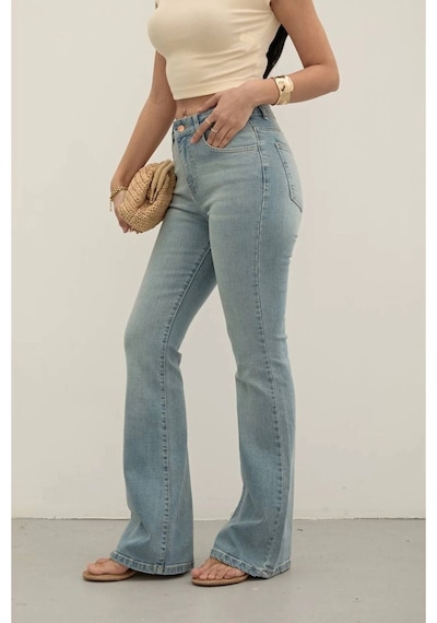 Light Blue Premium Yüksek Bel Bronz Düğmeli İspanyol Paça Jeans Light Blue