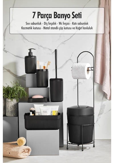 7 Parça Siyah Banyo Seti Metal Stantlı Kovalı Wc Kağıtlık Kozmetik Kutusu Diş Fırçalık Ve Sabunlukla Siyah