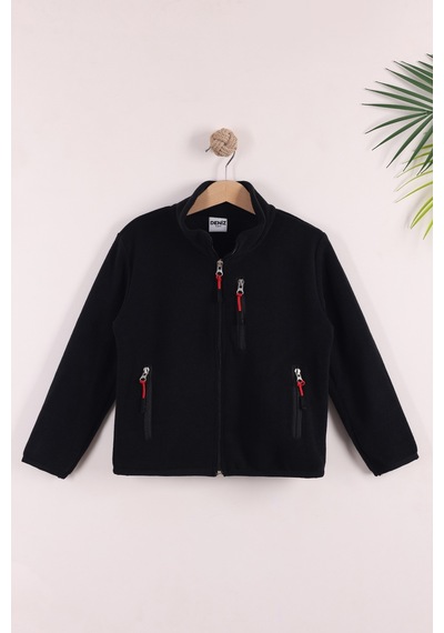 Monox Çocuk Lastik Manşetli Fermuarlı 3 Cepli Unisex Polar Ceket Siyah