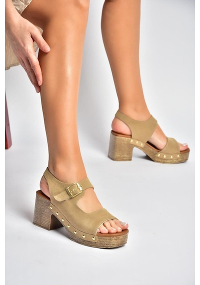 Fox Shoes Y996793502 Bej Süet Kalın Topuklu Kadın Ayakkabı
