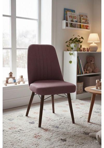 Nora 1 Adet Sandalye - Keten Kumaşlı Sandalye Modern Ahşap Ayaklı Yemek & Çalışma Sandalyesi Minimal Tasarım Pembe