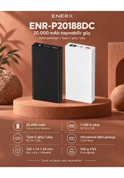 ENERX Powerbank 20000 Mah 2.1 Amper Dijital Göstergeli Enr-p20188dc Beyaz