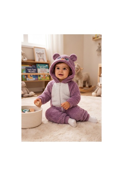 Chicsy Baby Tatlı Kız Bebek Welsoft Tulum Kuş Civciv Nakışlı Kulaklı Kapüşonlu Fermuarlı Peluş Kışlık Bebek Tulumu Mor