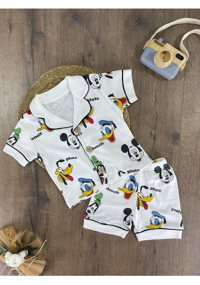 Kruvaze Yaka Önden Düğmeli Rahat Kalıp Yazlık Erkek Bebek Pijama Takımı %100 Pamuk 4bb2 Beyaz