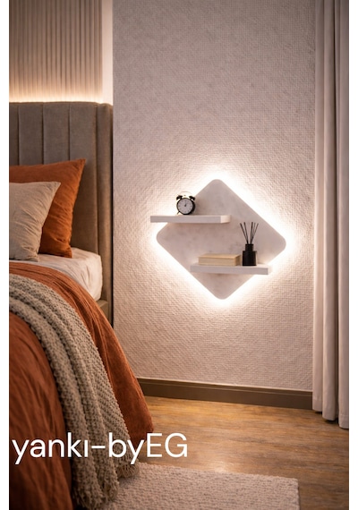 Yankı-byeg Mat Beyaz Mdf Led Işıklı Elektrik Bağlantılı Uçan Duvar Rafı Aydınlatma Dekoratif Raf Beyaz