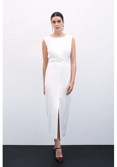 Sateen Kemerli Kalem Elbise - Ekru-135813 Ekru