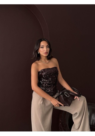Ckm Moda Rubina Payetli Straplez Bluz Kahve