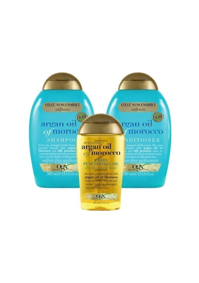 OGX Argan Oil Onarıcı Sülfatsız Şampuan 385 ML + Saç Bakım Kremi 385 ML + Yenileyici Bakım Yağı 100 ML﻿﻿