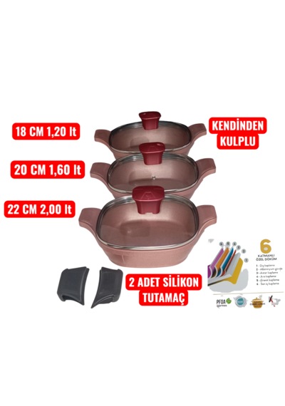 Famos 6 Parça Kendinden Kulplu Cam Kapaklı Döküm Sahan Seti Rose Gold
