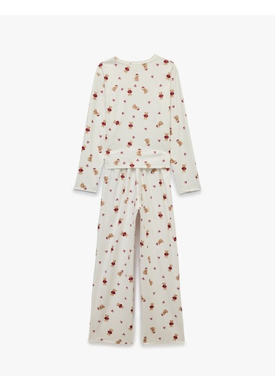 Koton Rahat Kesim Uzun Kollu Bisiklet Yaka Ayıcık Baskılı Pijama Takımı Ekru Desenli 7wlk40321mk