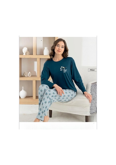 Pijamoni Kadın Milan Bisiklet Yaka Uzun Kol İnce Pijama Takımı 7600/19 - 1 Adet Petrol