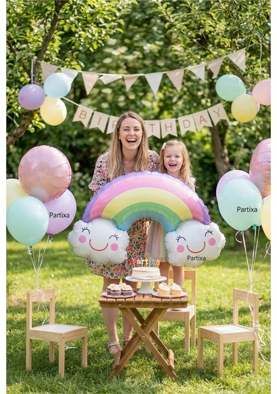 Gülümseyen Bulutlu Gökkuşağı Folyo Balon Çok Renkli