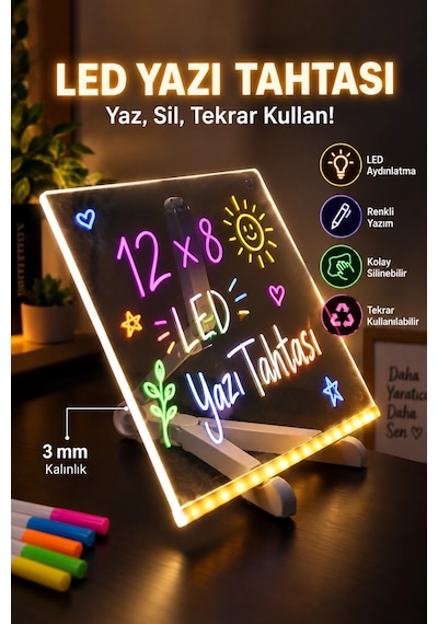 Yazı Çizim Tahtası Led Işıklı 20x30 Cm 7 Kalem Ve Stant Hediyeli Neon Işıklı Eğitici Not Tahtası Şeffaf