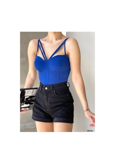 Angbutik Kadın İşçilik V Yaka İnce Askılı Krep Kumaş Crop Büstiyer Zümrüt Yeşili