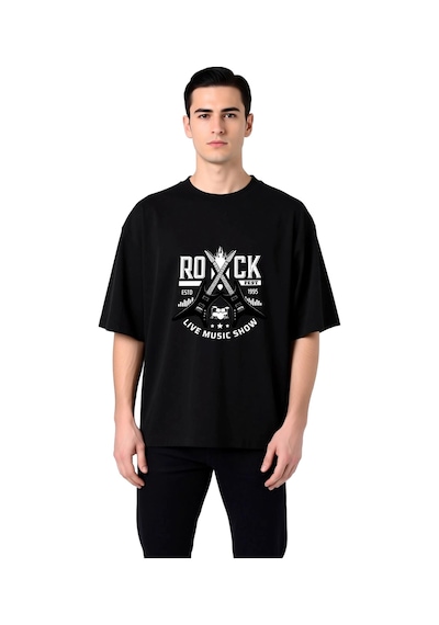 Paybuy Erkek Oversize Tişört Rock Fest Müzik Gösterisi Çapraz Gitar Bask Siyah