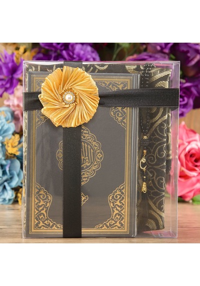 Hediyelik Kuran-ı Kerim, İnci Tesbih, Seccade, Asetat Kutulu 25x18 Cm Mevlid Paketi-siyah Çok Renkli
