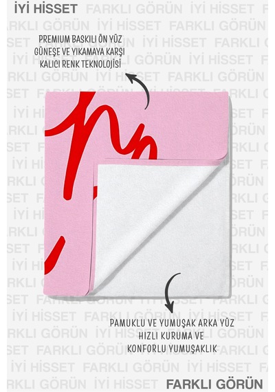 Pembe Yazı Detaylı Plaj Havlusu - Minimalist Pastel Kırmızı Oh La La Hızlı Kuruyan Mikrofiber Havlu Sedef Bahçe
