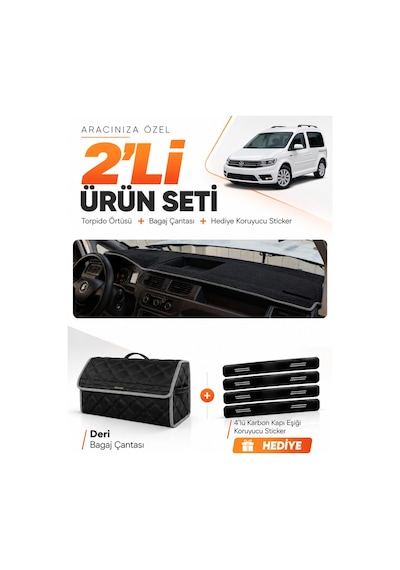 Volkswagen Caddy 2015-2019 Uyumlu Torpido Örtüsü + Deri Bagaj Çantası + Sticker Seti - Siyah Gri