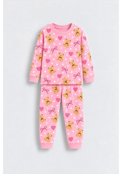 Zuzunga Kız Çocuk Sevimli Ayıcık, Kalp Ve Fiyonk Desenli Pembe Uzun Kollu Pijama Takımı Zuzunga Kız Çocuk Sevimli Ayıcık, Kalp Ve Fiyonk Desenli Pembe Uzun Kollu Pijama Takımı