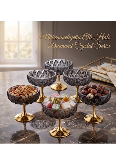 Diamond Crystal Serisi Altın Ayaklı Füme Cam Lokumluk & Çerezlik Seti - 6'lı