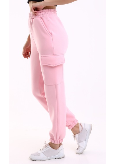 Winmoda34 Kadın Jogger Kalın 3 İplik Yandan Cepli Kargo Eşofman Altı Pembe