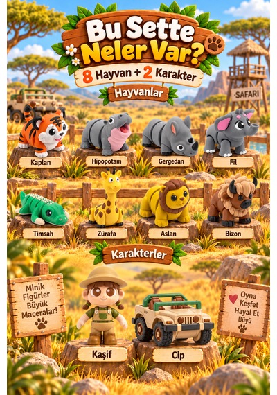 Tigglo 10'lu Hareketli Mini Hayvan Ve Karakter Figür Oyuncak Seti Çiftlik, Okyanus, Safari Ve Orman Tema Seçenekleri Safari Hayvanları
