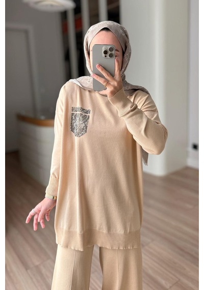 Ka Hijab Taşlı Cep Merserize Takım - Sütlü Kahve