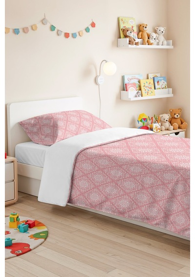 Pembe Damask Geometrik Tek Kişilik Pike Takımı - Beyaz Retro 160x220 Cm Kapitone Yazlık Yatak Örtüsü Çok Renkli