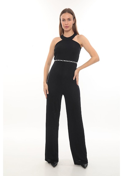 Hanife Glam Couture Hanife Glam Simli Kemerli Halter Yaka Tulum Siyah