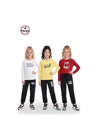 Panios Kids 3'lü Yuvarlak Yaka Sweatshirt Siyah Eşofmanlı Baskı Detaylı 6 Parça Kız Çocuk Alt Üst Takım Beyaz - Sarı