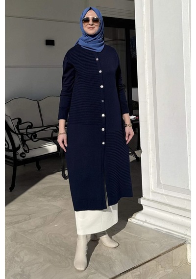 Rabia Şamlı Manolya Lacivert Triko Hırka Normal