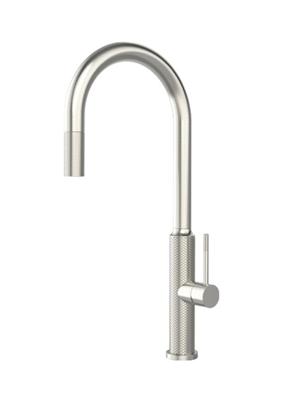 İvento Brushed Sılver Lüks Tırtık Desen Gövdeli Yüksek Kuğu Borulu Spiralli Mutfak Bataryası - Modern Çek-çık Eviye Musluğu Inox