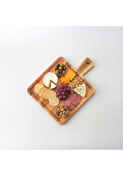 Doğal Akasya Ahşap Kare Sunum Tahtası Ve Servis Tepsisi 28.5x21 Cm Özel Motif Desenli Ve Kulplu Peynir Tabağı, Kenarlı Kahve Sunumluk Çok Renkli