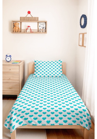 Kalp Turkuaz Genç Odası Tek Kişilik Pike Takımı - Minimal Beyaz 160x220 Cm Kapitone Yatak Örtüsü Bohem İz Baharı
