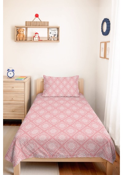 Pembe Damask Geometrik Tek Kişilik Pike Takımı - Beyaz Retro 160x220 Cm Kapitone Yazlık Yatak Örtüsü Çok Renkli