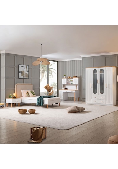 Vita Bohem Genç Odası - 4 Kapaklı Dolap, Karyola, Komodin, Çalışma Masası Beyaz