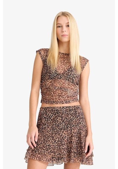 Defacto Coool Fitted Leopar Desenli Tül Kısa Kollu Tişört G1518ax25aubg362 Bej