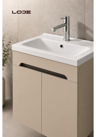 Lode Bath Irma Lavabolu Alt Banyo Dolabı, Kapaklı Banyo Alt Dolabı,seramik Lavabo Dahil 60 Cm Kumtaşı