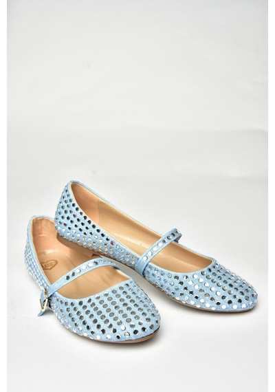 Fox Shoes U726634504 Mavi Kot Kumaş Taş Detaylı Kadın Babet Mavi Kot-kumaş