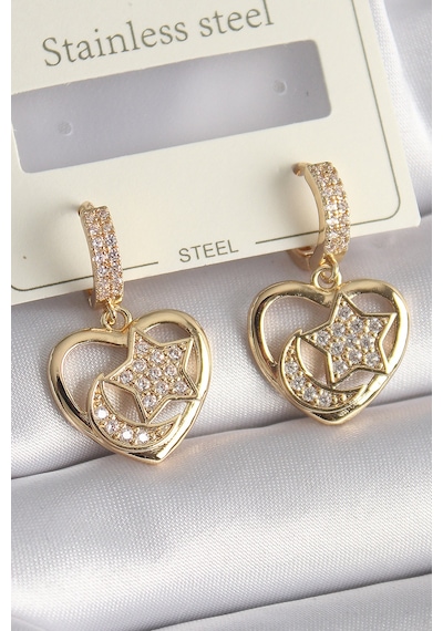 Pirinç Gold Renk Zirkon Taşlı Kalp Model Ay Yıldız İşleme Kadın Küpe Gümüş