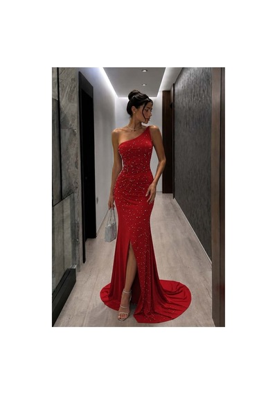 Lior Design Kadın Yeni Sezon Tek Omuz Taş Detaylı Abiye Elbise Kırmızı