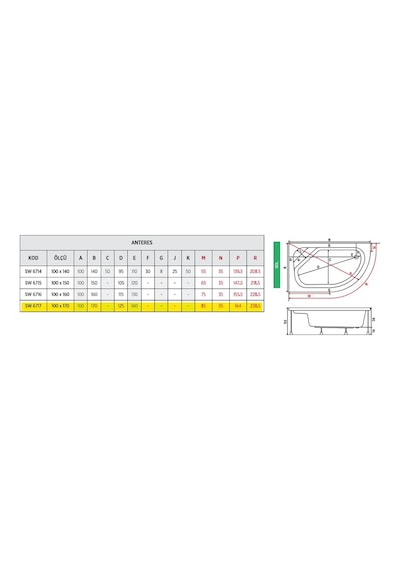 Shower 100X170 Asimetrik Oval Oturmalı Küvet