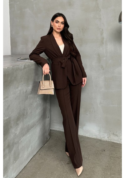 Meecy Kadın İkili Kuşaklı Blazer Ceket Ve Pantolon Takım Kahverengi Kahverengi