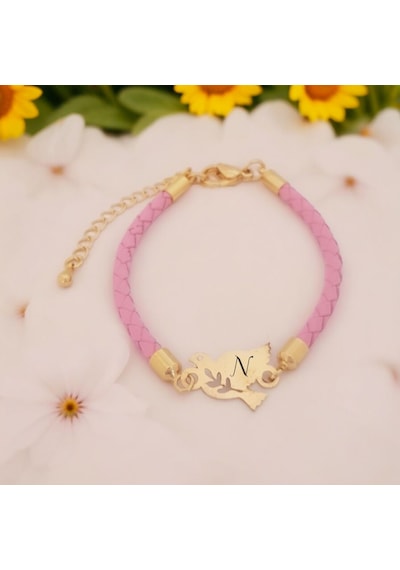 Archin N Harfine Özel Kuş Motifli 14 Ayar Altın Plakalı Doğal Pembe Derili Hediye Bileklik-444harf N Archin N Harfine Özel Kuş Motifli 14 Ayar Altın Plakalı Doğal Pembe Derili Hediye Bileklik-444harf N