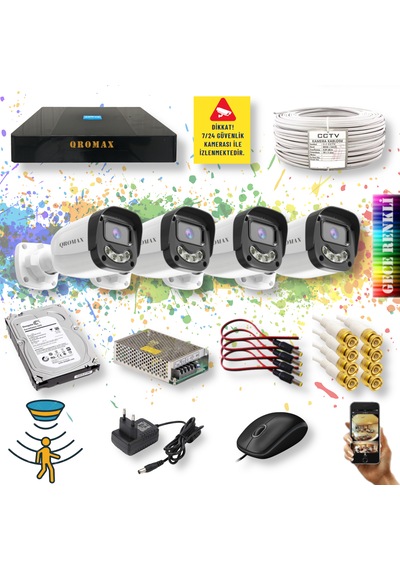 4 Kameralı Gece Renkli Hareket Algılamalı 4 Warm Ledli Set 2304w