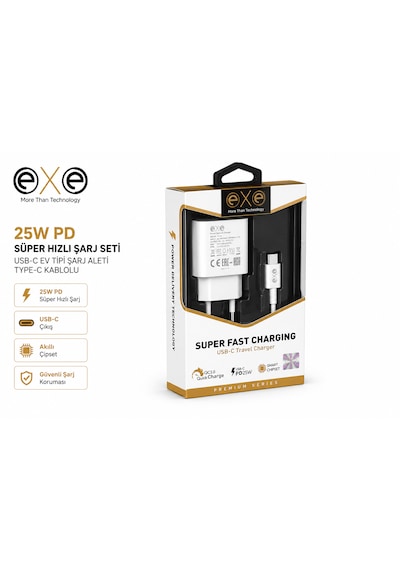 Exe 25w Pd Süper Hızlı Şarj Seti Usb-c Ev Tipi Şarj Aleti Type-c Kablolu 0