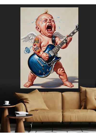 Ahşap Tablo Ağlayan Bebek Gitar Çalıyor Dekoratif Tablolar