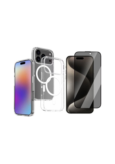 Vendas Apple Uyumlu iPhone 17 Pro Max Kılıf M-safe Şarj Özellikli Şeffaf Sert Pc Zore Embos Kapak + Privacy Hayalet Ekran Koruyucu Şeffaf