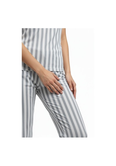 Kadın Rahat Ev & Uyku Pijama Takımı Gri Çizgili Desen Gri