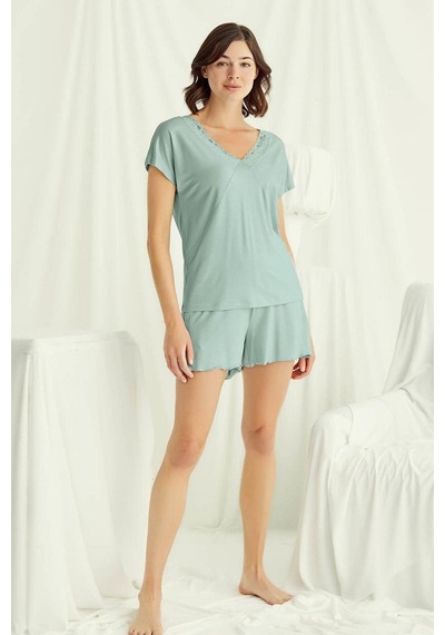 Monamise 18515 Kadın V Yaka Kısa Kollu Şortlu Pijama Takımı-açıkyeşil Açık Yeşil